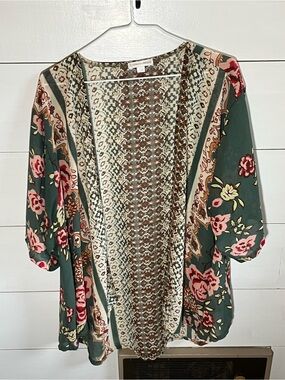 Warehouse One Geometric Floral Print Kimono in Brown and Cream